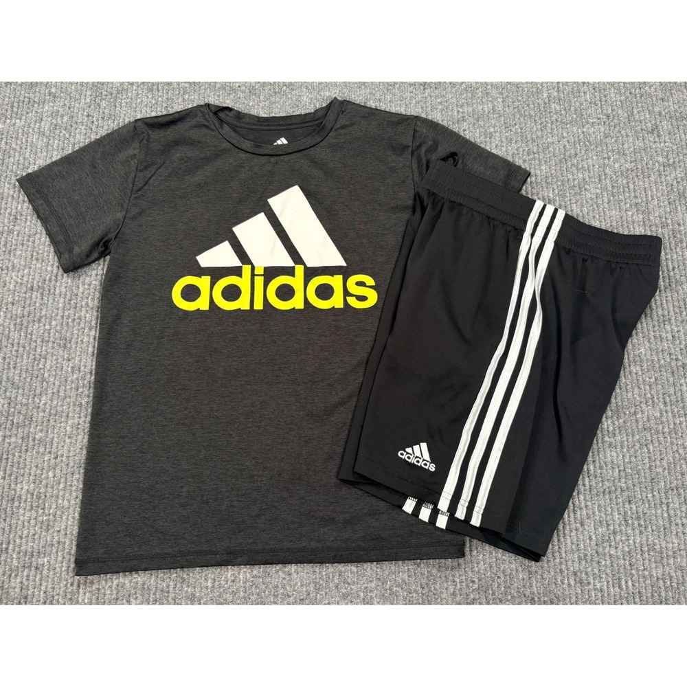 Adidas Boys 2-Piece Set T-Shirt & Shorts Grey Black Neon Yellow Size M 10-12